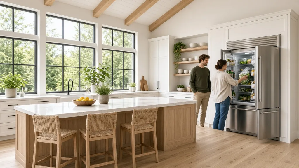 A couple puts groceries into a stainless French door refrigerator in a large, airy white kitchen with a beamed ceiling, tall windows and an oak island