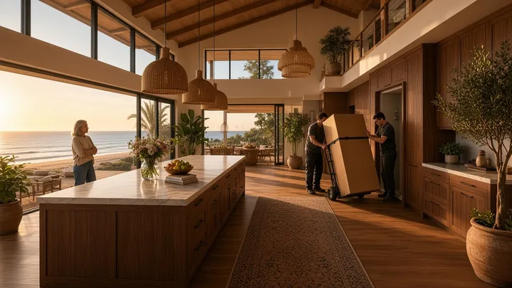 In a vast open-plan walnut kitchen with a beamed high ceiling and windows facing the ocean, two delivery workers move a full-size boxed refrigerator strapped to an appliance hand truck toward an empty opening as the homeowner watches